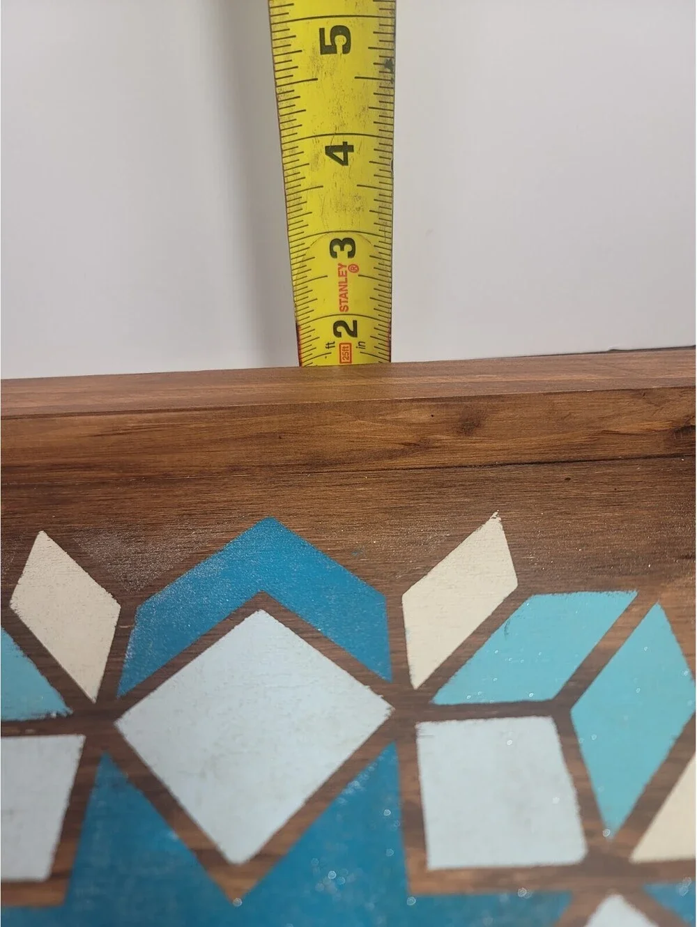 Handmade Wooden Tray With Painted Sparkly Teal Blue And White Barn Quilt Design